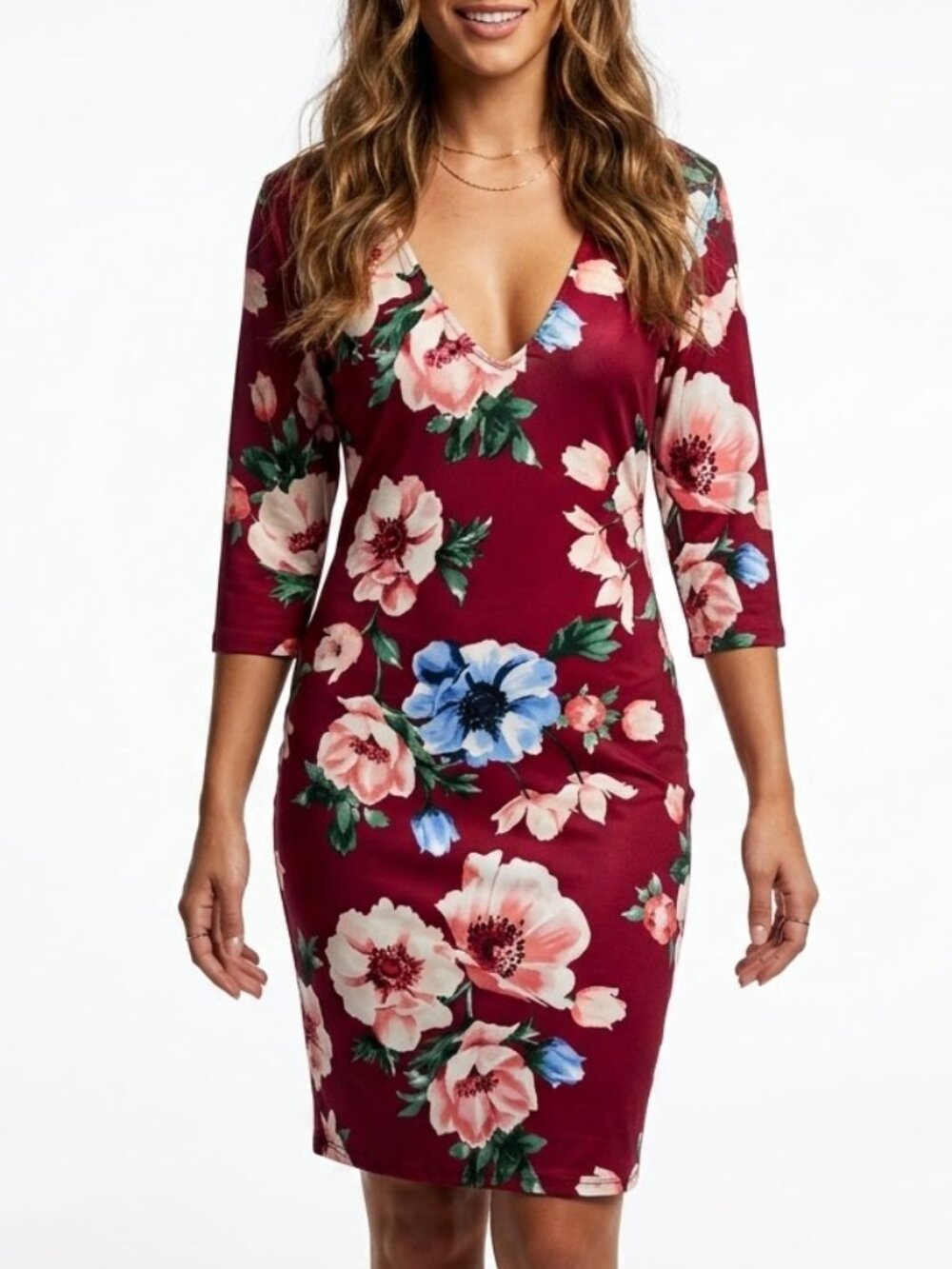 Forever 21 Whimsigoth Floral Deep V-Neck Bodycon Dress Burgundy Plus Size 1X